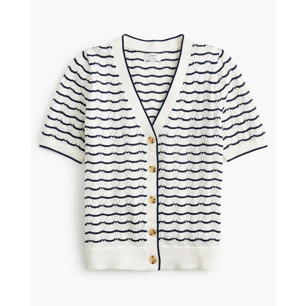 J.Crew Women Short Sleeve Pointelle Cardigan Sweater Ivory Navy Wavy Stripe S